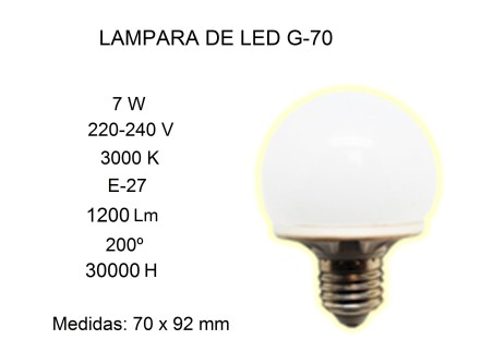 LÁMPARA DE LED G70 7W E27 3000K