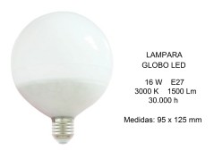 LAMPARA GLOBO LED E27 16W 3000K