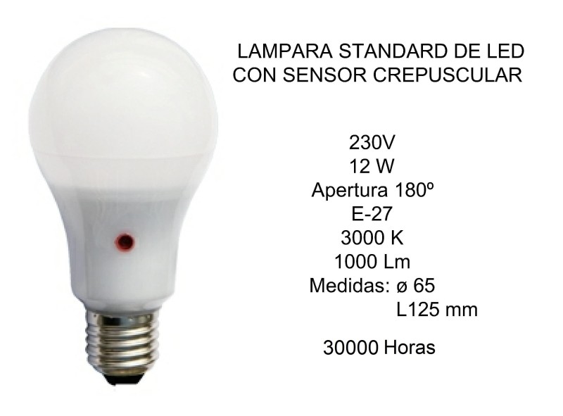 LAMPARA STANDARD DE LED CON SENSOR CREPUSCULAR 12W 3000K E27