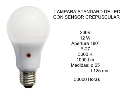 LAMPARA STANDARD DE LED CON SENSOR CREPUSCULAR 12W 3000K E27