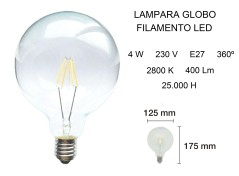 LAMPARA GLOBO FILAMENTO DE LED 4W 2800K E27