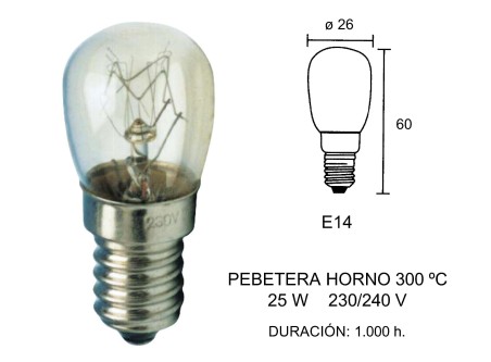 PACK 10 - LAMPARA PEBETERA HORNO 300º 25W.240-260V.