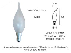 PACK 5 - LAMP.VELA DECORATIVA HALOG.INCAN. E14 28W equivalente 40W MATE